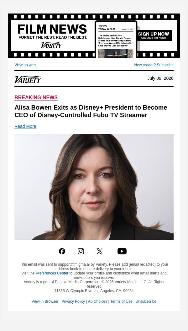 Alisa Bowen Exits as Disney+ President to Become CEO of Disney-Controlled Fubo TV Streamer email from Variety screenshot