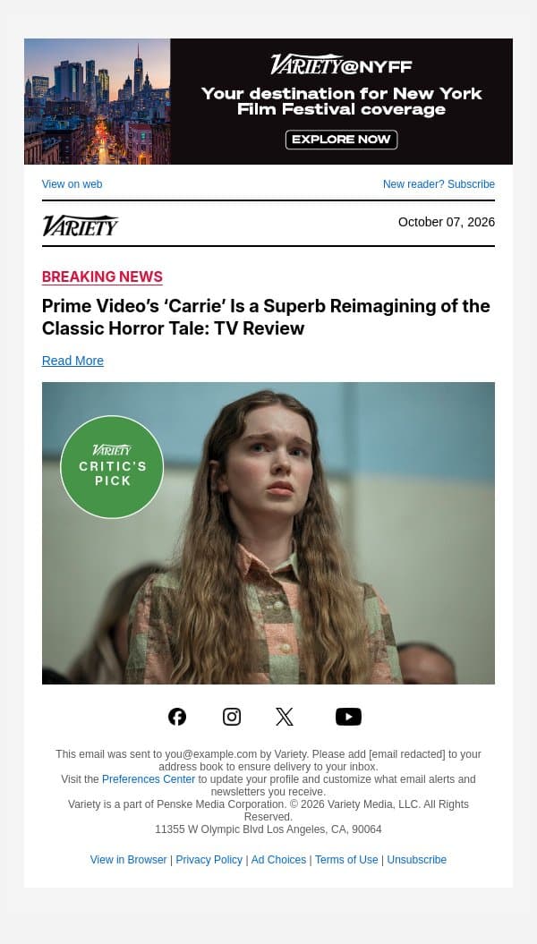Prime Video’s ‘Carrie’ Is a Superb Reimagining of the Classic Horror Tale: TV Review email from Variety screenshot