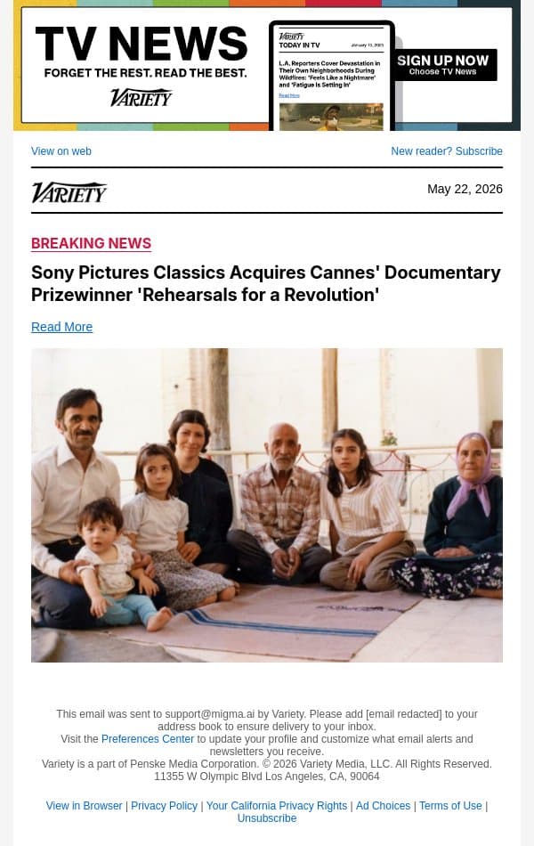 Sony Pictures Classics Acquires Cannes' Documentary Prizewinner 'Rehearsals for a Revolution' email from Variety screenshot