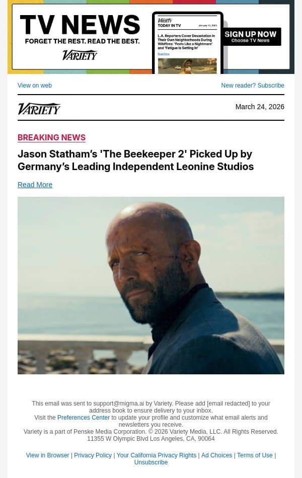 Jason Statham’s 'The Beekeeper 2' Picked Up by Germany’s Leading Independent Leonine Studios email from Variety screenshot
