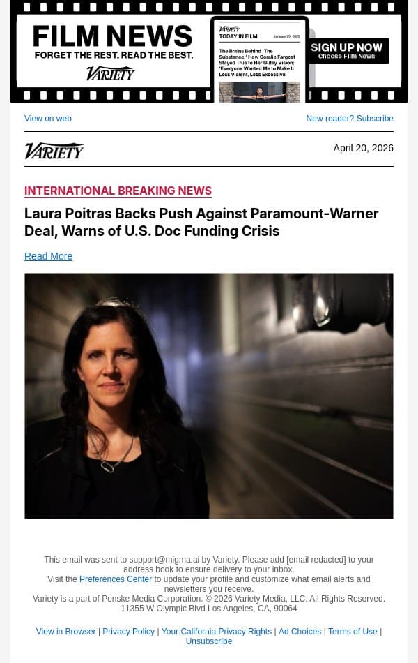 Laura Poitras Backs Push Against Paramount-Warner Deal, Warns of U.S. Doc Funding Crisis email from Variety screenshot