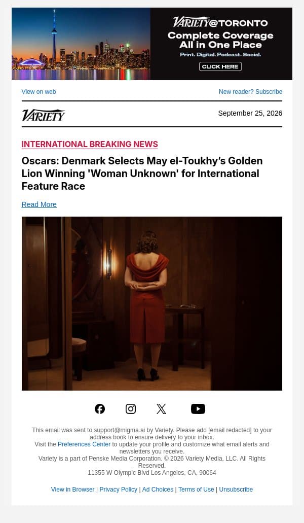 Oscars: Denmark Selects May el-Toukhy’s Golden Lion Winning 'Woman Unknown' for International Feature Race email from Variety screenshot