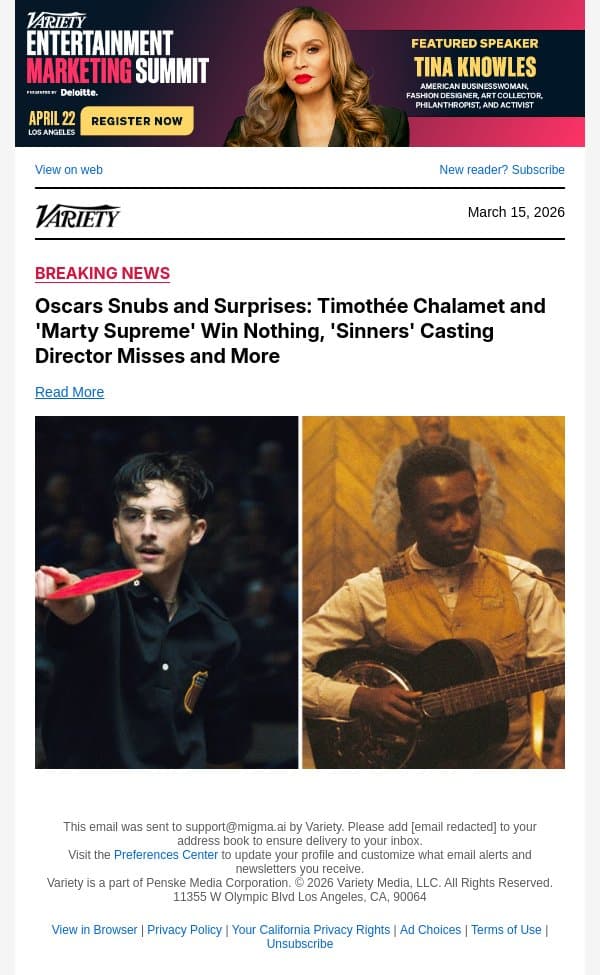 Oscars Snubs and Surprises: Timothée Chalamet and 'Marty Supreme' Win Nothing, 'Sinners' Casting Director Misses and More email from Variety screenshot
