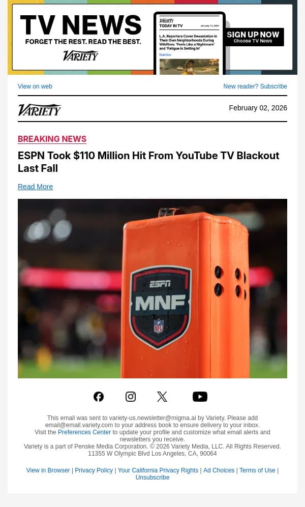 ESPN Took $110 Million Hit From YouTube TV Blackout Last Fall email from Variety screenshot