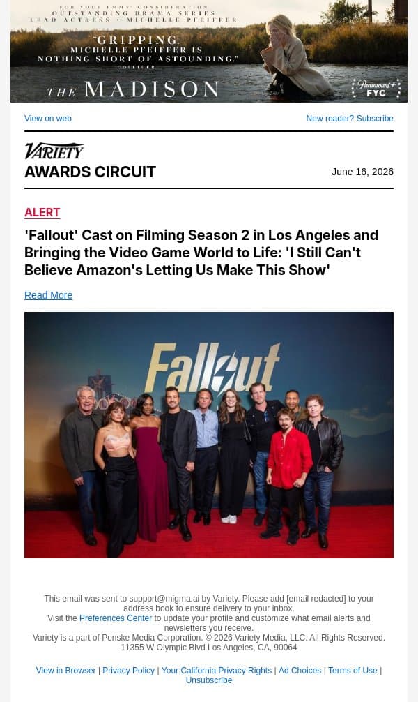 'Fallout' Cast on Filming Season 2 in Los Angeles and Bringing the Video Game World to Life: 'I Still Can't Believe Amazon's Letting Us Make This Show' email from Variety screenshot