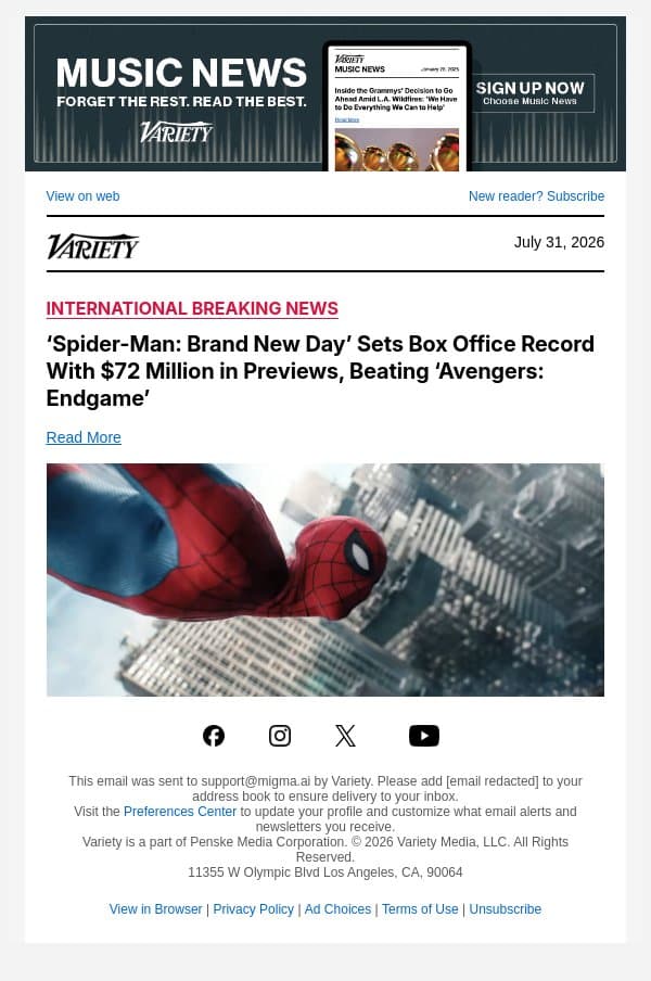 ‘Spider-Man: Brand New Day’ Sets Box Office Record With $72 Million in Previews, Beating ‘Avengers: Endgame’ email from Variety screenshot