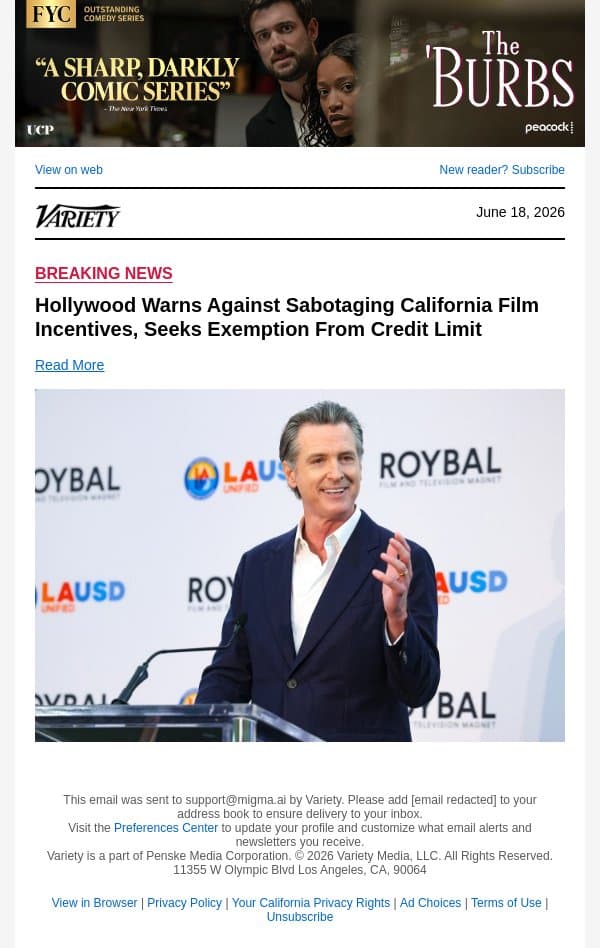 Hollywood Warns Against Sabotaging California Film Incentives, Seeks Exemption From Credit Limit email from Variety screenshot