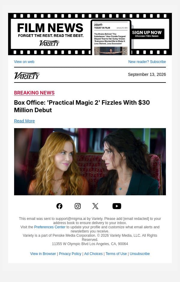 Box Office: 'Practical Magic 2' Fizzles With $30 Million Debut email from Variety screenshot