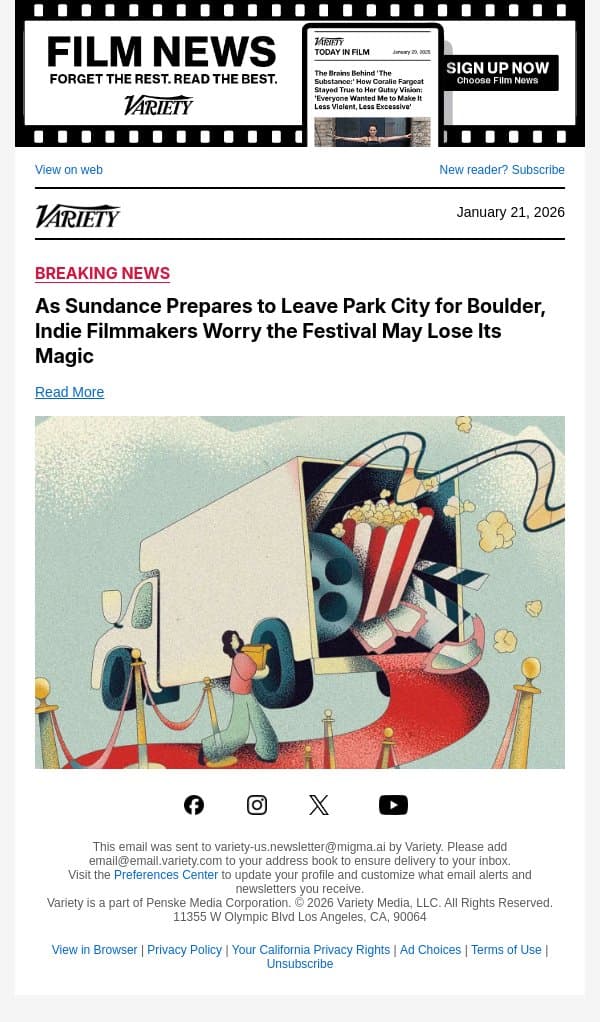 As Sundance Prepares to Leave Park City for Boulder, Indie Filmmakers Worry the Festival May Lose Its Magic email from Variety screenshot