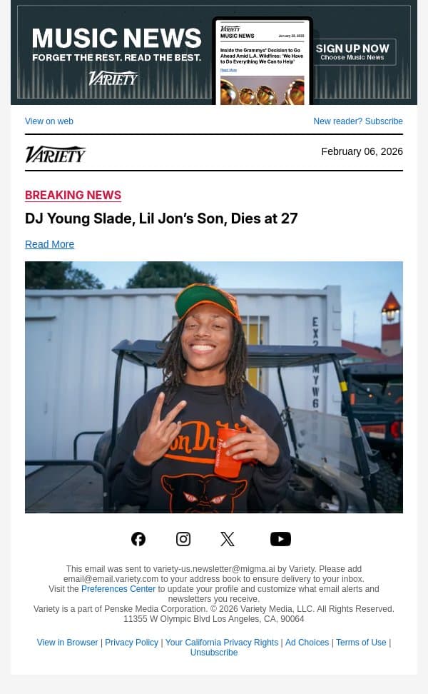 DJ Young Slade, Lil Jon’s Son, Dies at 27 email from Variety screenshot