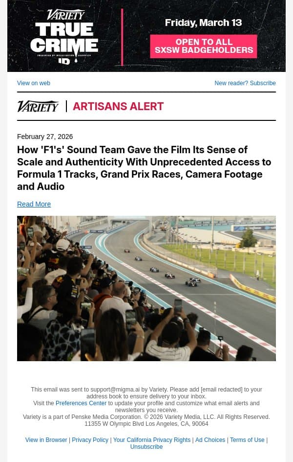 How 'F1's' Sound Team Gave the Film Its Sense of Scale and Authenticity With Unprecedented Access to Formula 1 Tracks, Grand Prix Races, Camera Footage and Audio email from Variety screenshot