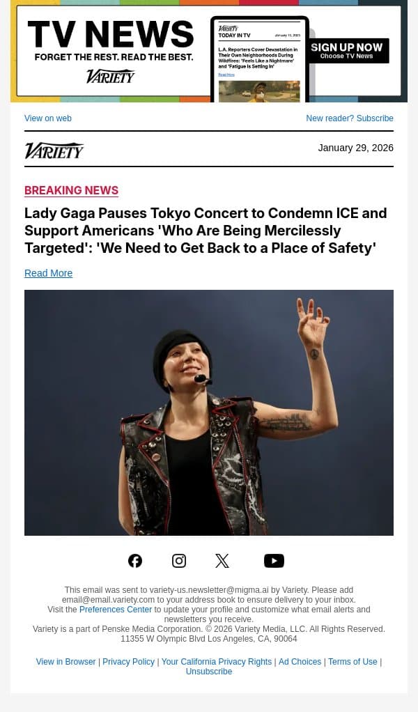 Lady Gaga Pauses Tokyo Concert to Condemn ICE and Support Americans 'Who Are Being Mercilessly Targeted': 'We Need to Get Back to a Place of Safety' email from Variety screenshot