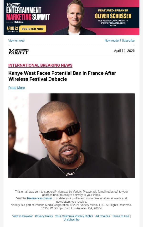 Kanye West Faces Potential Ban in France After Wireless Festival Debacle email from Variety screenshot