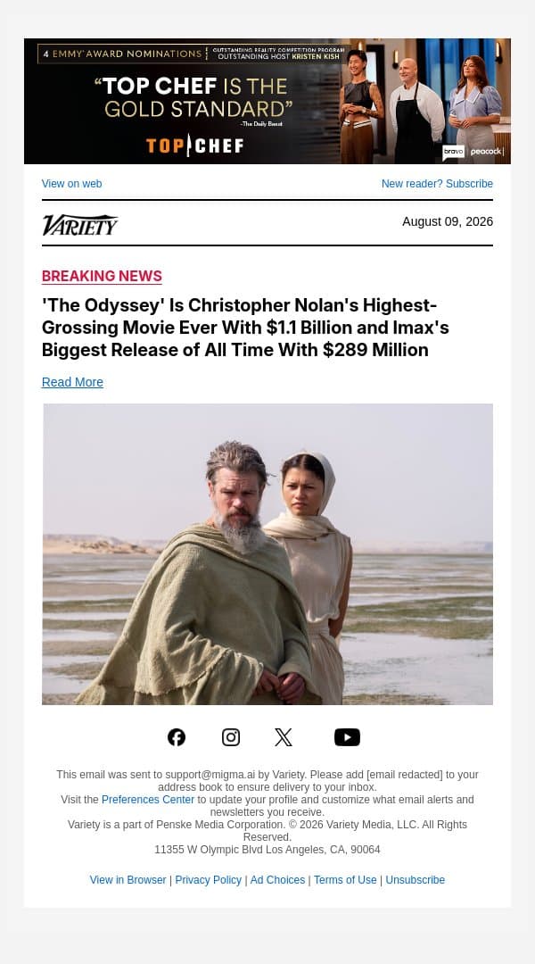 'The Odyssey' Is Christopher Nolan's Highest-Grossing Movie Ever With $1.1 Billion and Imax's Biggest Release of All Time With $289 Million email from Variety screenshot
