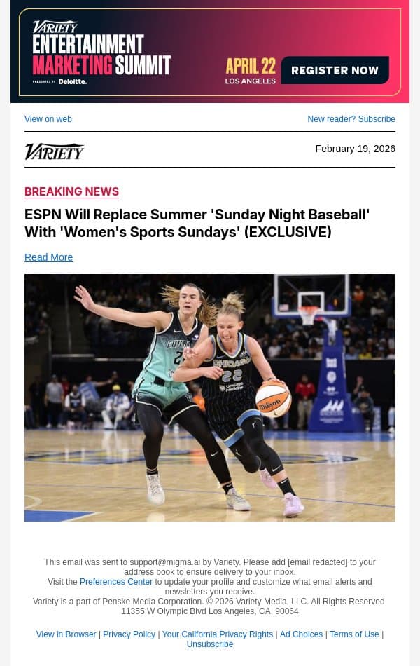 ESPN Will Replace Summer 'Sunday Night Baseball' With 'Women's Sports Sundays' (EXCLUSIVE) email from Variety screenshot