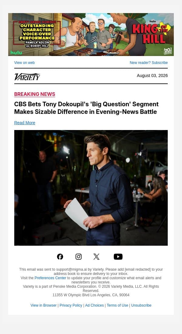 CBS Bets Tony Dokoupil's 'Big Question' Segment Makes Sizable Difference in Evening-News Battle email from Variety screenshot