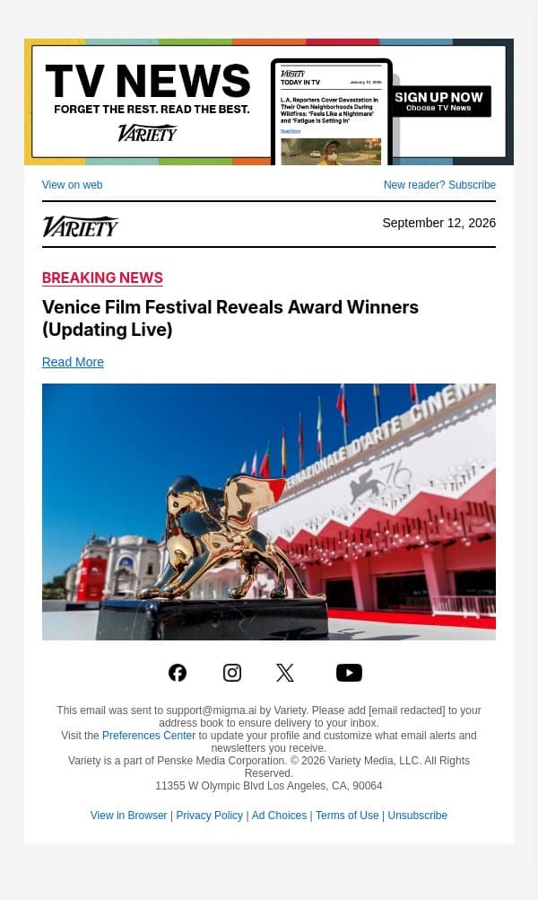 Venice Film Festival Reveals Award Winners (Updating Live) email from Variety screenshot