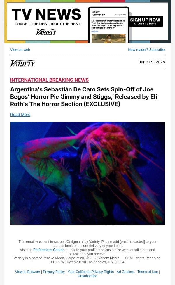 Argentina's Sebastián De Caro Sets Spin-Off of Joe Begos’ Horror Pic ‘Jimmy and Stiggs,’ Released by Eli Roth's The Horror Section (EXCLUSIVE) email from Variety screenshot
