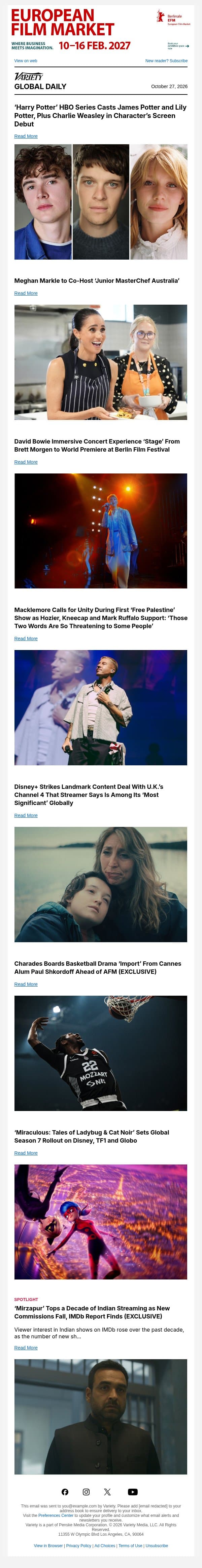 ‘Harry Potter’ Adds to Cast; Meghan Markle Heads Down Under; David Bowie in Berlin email from Variety screenshot