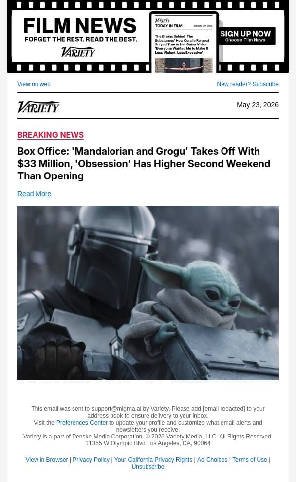 Box Office: 'Mandalorian and Grogu' Takes Off With $33 Million, 'Obsession' Has Higher Second Weekend Than Opening email from Variety screenshot