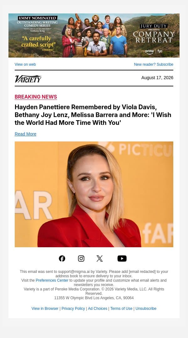 Hayden Panettiere Remembered by Viola Davis, Bethany Joy Lenz, Melissa Barrera and More: 'I Wish the World Had More Time With You' email from Variety screenshot