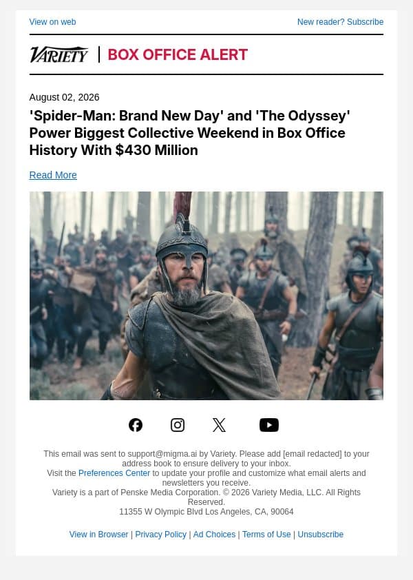 'Spider-Man: Brand New Day' and 'The Odyssey' Power Biggest Collective Weekend in Box Office History With $430 Million email from Variety screenshot
