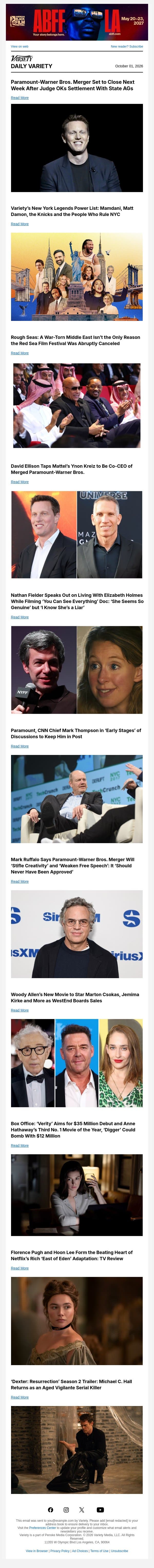 Paramount-Warner Bros. Merger to Close Tuesday; New York Power List; Inside Red Sea Film Fest's Cancelation email from Variety screenshot