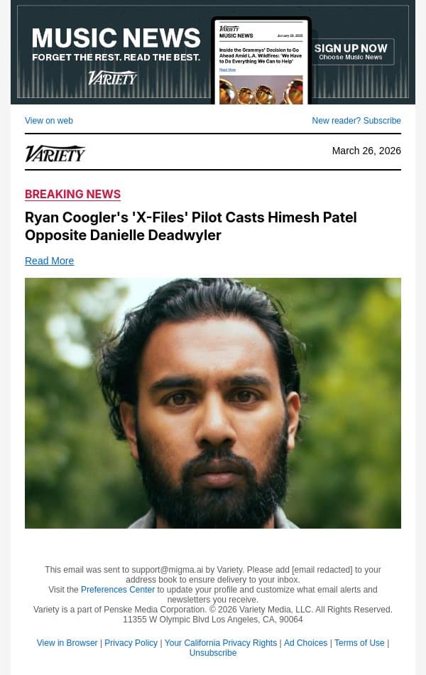 Ryan Coogler's 'X-Files' Pilot Casts Himesh Patel Opposite Danielle Deadwyler email from Variety screenshot