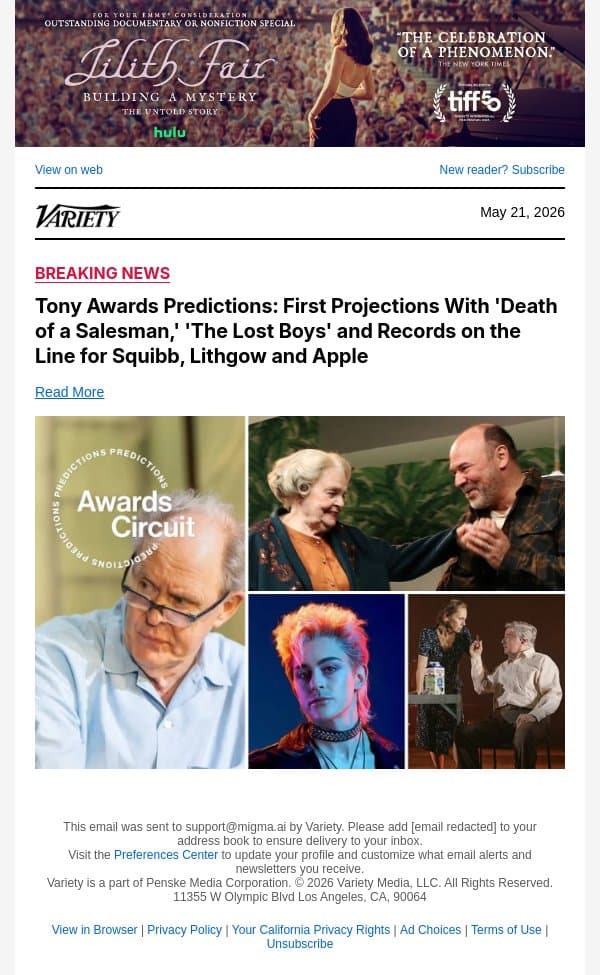 Tony Awards Predictions: First Projections With 'Death of a Salesman,' 'The Lost Boys' and Records on the Line for Squibb, Lithgow and Apple email from Variety screenshot