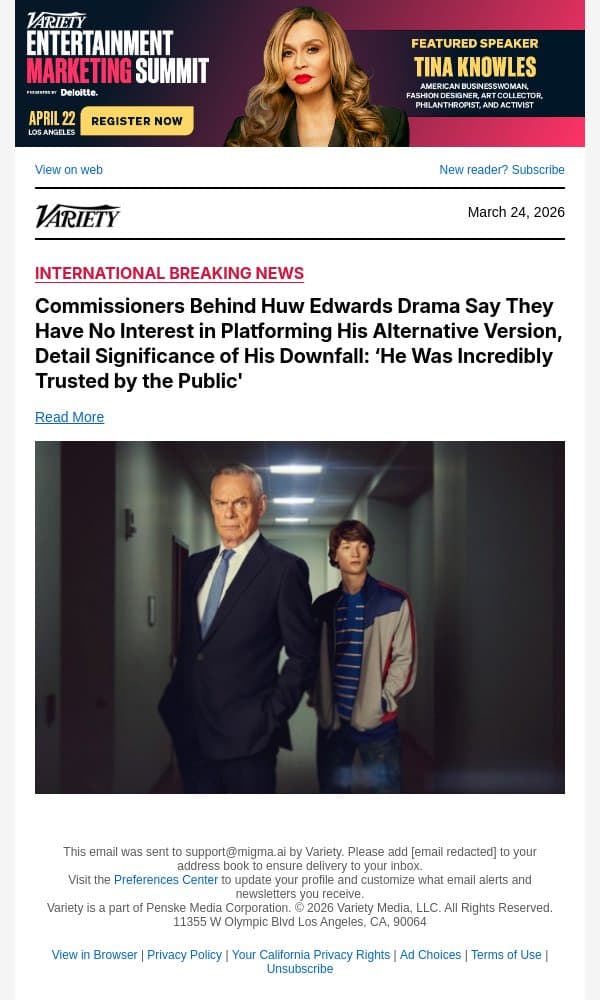 Commissioners Behind Huw Edwards Drama Say They Have No Interest in Platforming His Alternative Version, Detail Significance of His Downfall: ‘He Was Incredibly Trusted by the Public' email from Variety screenshot
