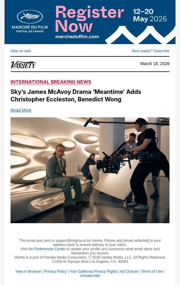 Sky’s James McAvoy Drama ‘Meantime’ Adds Christopher Eccleston, Benedict Wong email from Variety screenshot