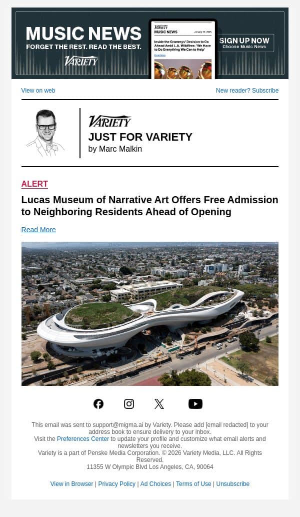 Lucas Museum of Narrative Art Offers Free Admission to Neighboring Residents Ahead of Opening email from Variety screenshot