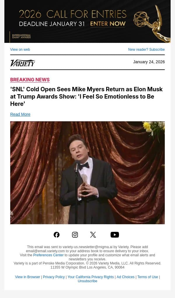 'SNL' Cold Open Sees Mike Myers Return as Elon Musk at Trump Awards Show: 'I Feel So Emotionless to Be Here' email from Variety screenshot