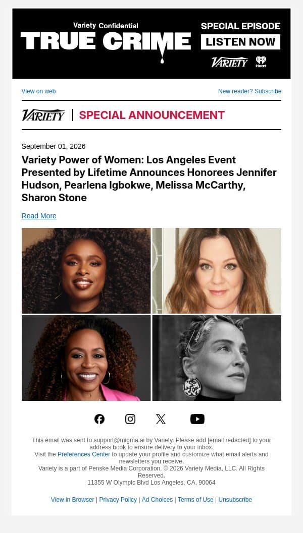 Variety Power of Women: Los Angeles Event Presented by Lifetime Announces Honorees Jennifer Hudson, Pearlena Igbokwe, Melissa McCarthy, Sharon Stone email from Variety screenshot