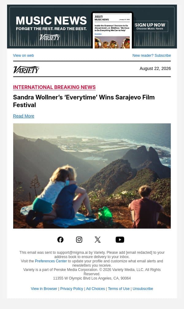 Sandra Wollner’s ‘Everytime’ Wins Sarajevo Film Festival email from Variety screenshot