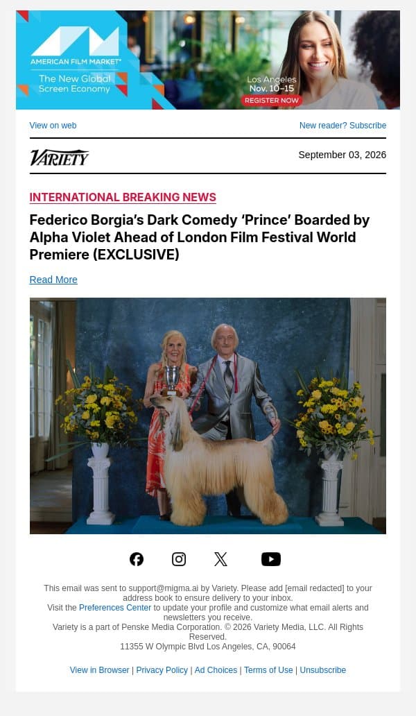 Federico Borgia’s Dark Comedy ‘Prince’ Boarded by Alpha Violet Ahead of London Film Festival World Premiere (EXCLUSIVE) email from Variety screenshot