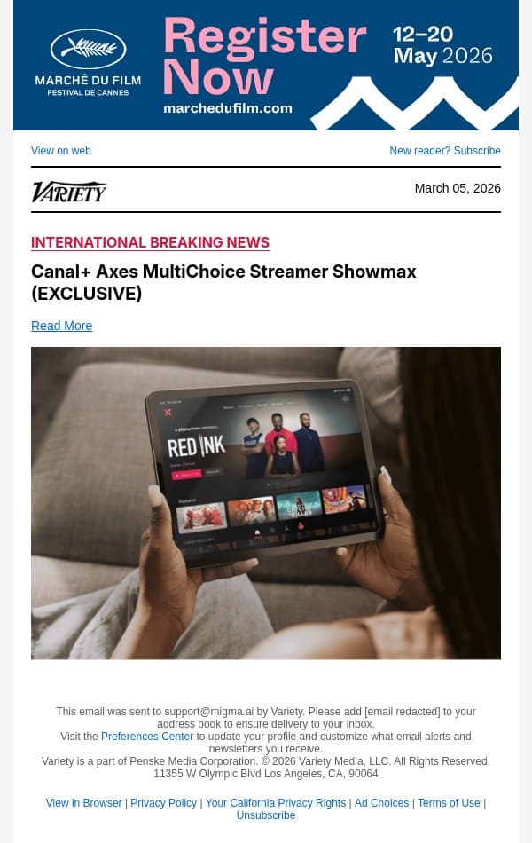 Canal+ Axes MultiChoice Streamer Showmax (EXCLUSIVE) email from Variety screenshot
