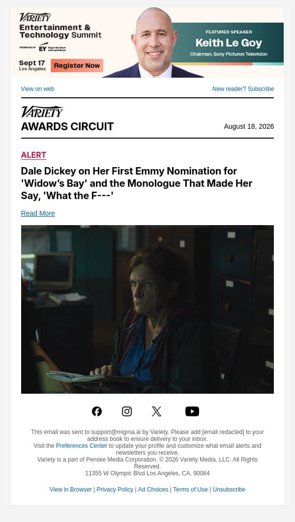 Dale Dickey on Her First Emmy Nomination for 'Widow’s Bay' and the Monologue That Made Her Say, 'What the F---' email from Variety screenshot
