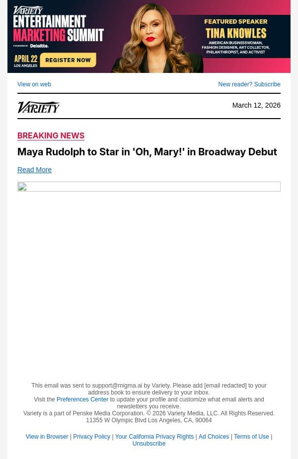 Maya Rudolph to Star in 'Oh, Mary!' in Broadway Debut email from Variety screenshot