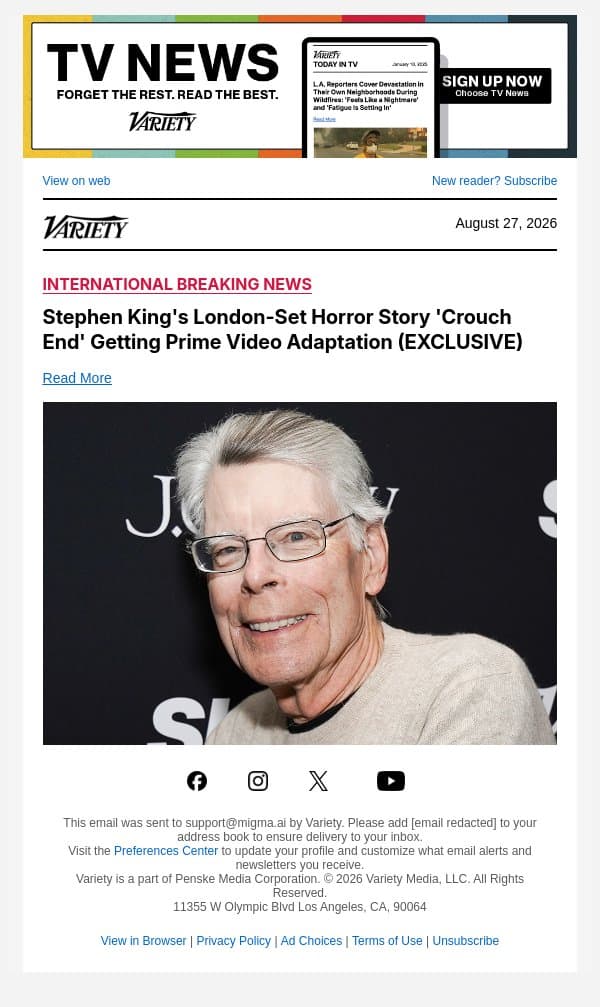 Stephen King's London-Set Horror Story 'Crouch End' Getting Prime Video Adaptation (EXCLUSIVE) email from Variety screenshot
