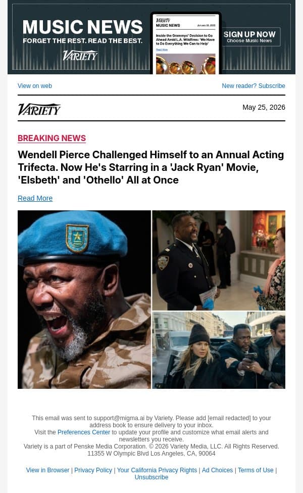 Wendell Pierce Challenged Himself to an Annual Acting Trifecta. Now He's Starring in a 'Jack Ryan' Movie, 'Elsbeth' and 'Othello' All at Once email from Variety screenshot