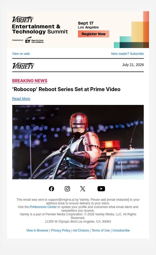 'Robocop' Reboot Series Set at Prime Video email from Variety screenshot