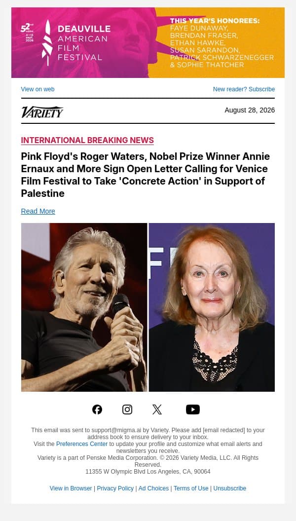 Pink Floyd's Roger Waters, Nobel Prize Winner Annie Ernaux and More Sign Open Letter Calling for Venice Film Festival to Take 'Concrete Action' in Support of Palestine email from Variety screenshot