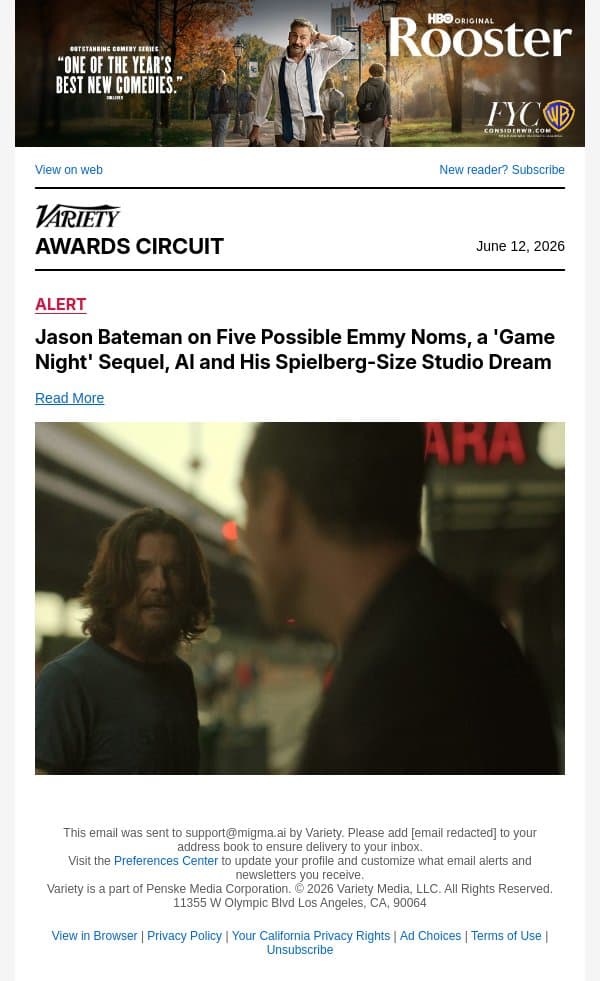 Jason Bateman on Five Possible Emmy Noms, a 'Game Night' Sequel, AI and His Spielberg-Size Studio Dream email from Variety screenshot