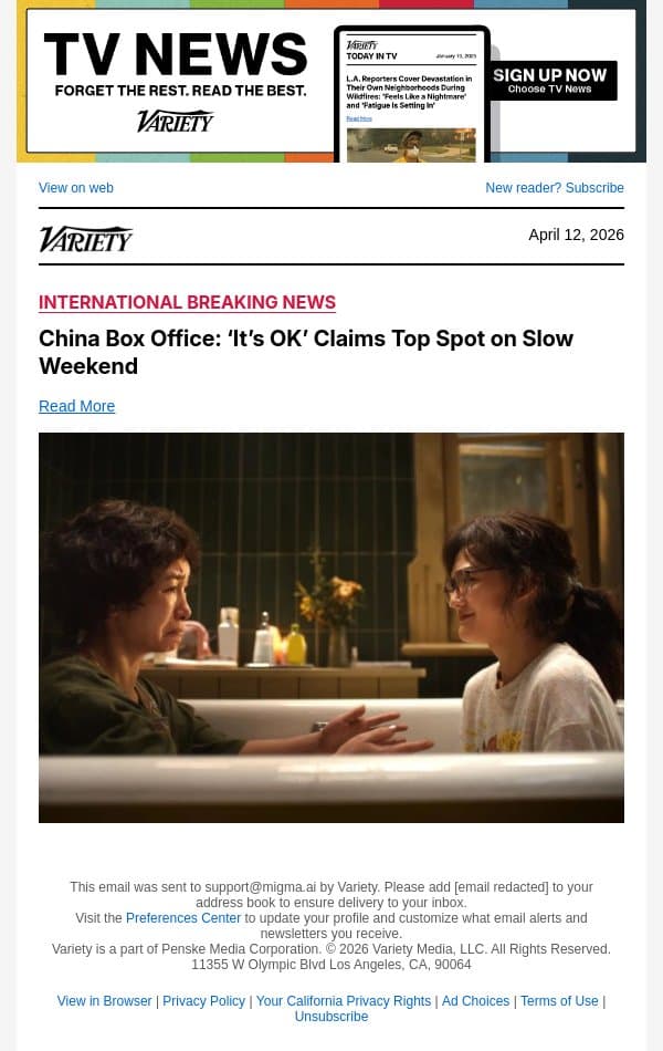 China Box Office: ‘It’s OK’ Claims Top Spot on Slow Weekend email from Variety screenshot