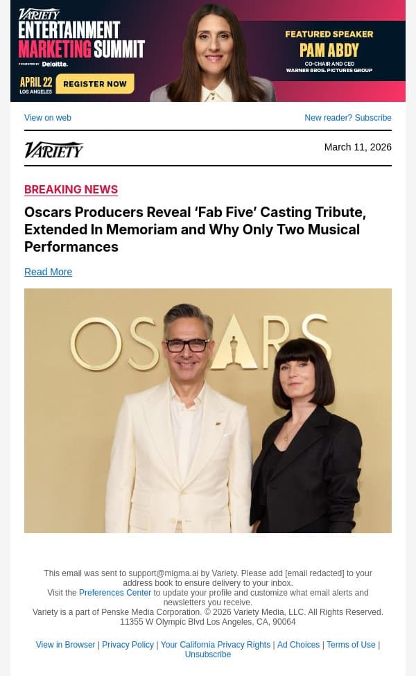 Oscars Producers Reveal ‘Fab Five’ Casting Tribute, Extended In Memoriam and Why Only Two Musical Performances email from Variety screenshot