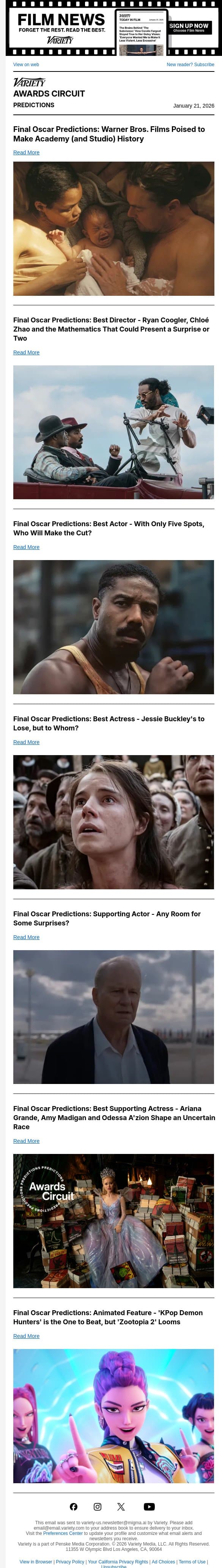 Final Oscar Predictions 2026: Who Will be Nominated and Who Will be Snubbed? email from Variety screenshot