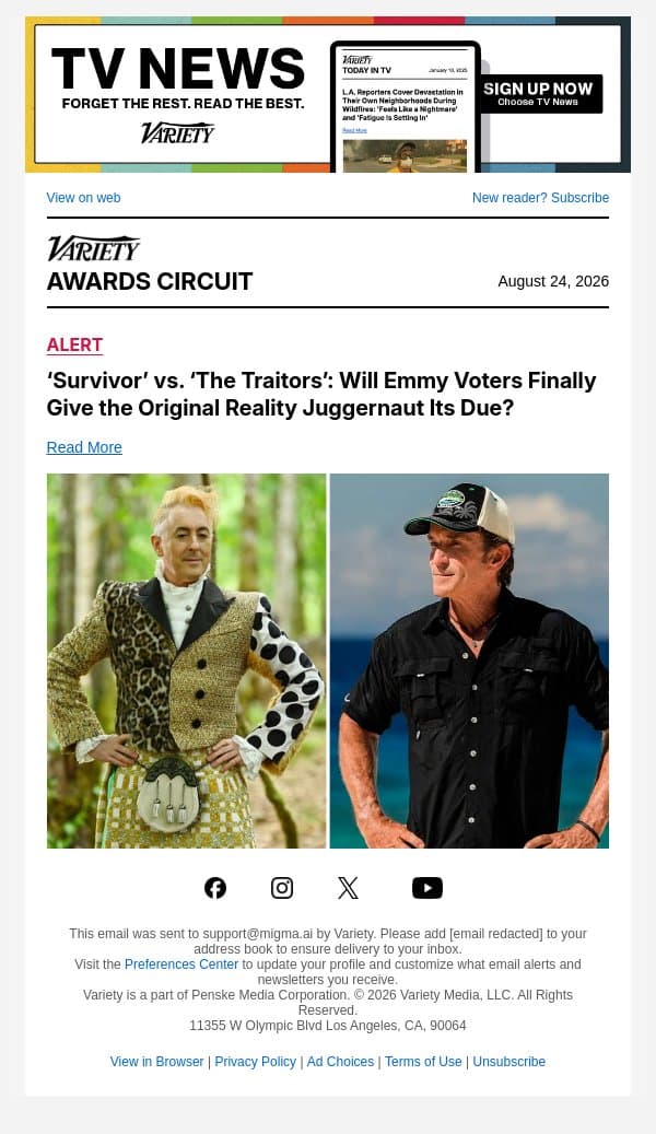 ‘Survivor’ vs. ‘The Traitors’: Will Emmy Voters Finally Give the Original Reality Juggernaut Its Due? email from Variety screenshot