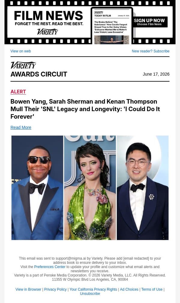 Bowen Yang, Sarah Sherman and Kenan Thompson Mull Their 'SNL' Legacy and Longevity: 'I Could Do It Forever' email from Variety screenshot
