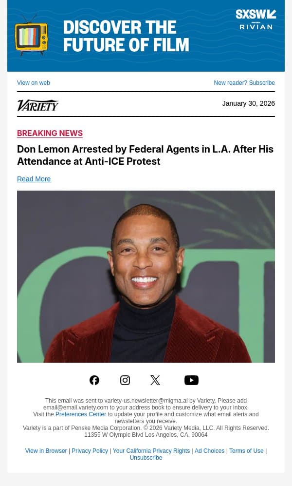 CNN Says Don Lemon's Arrest Raises 'Profoundly Concerning Questions About Press Freedom' email from Variety screenshot